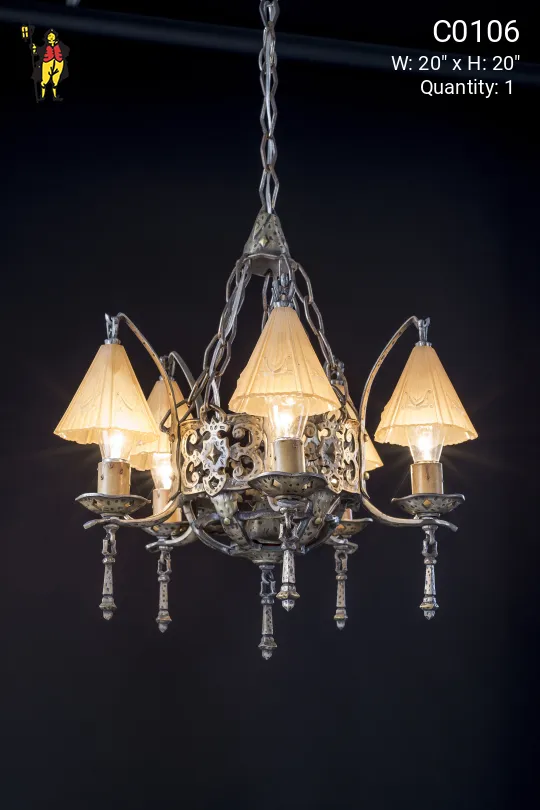 Pewter Arts & Crafts Chandelier w/Amber Glass Reflector Shades