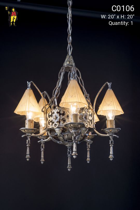 Pewter Arts & Crafts Chandelier w/Amber Glass Reflector Shades
