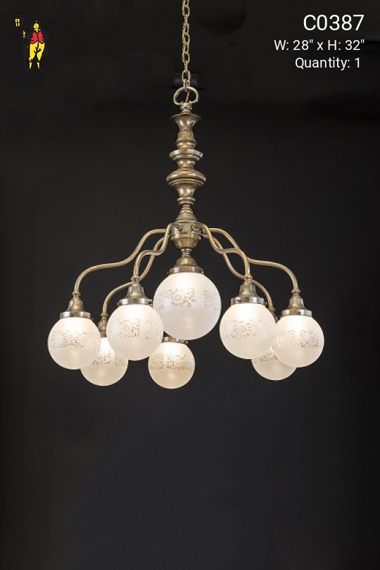 Curved Arm Chandelier w/Frosted Etched Glass Globes