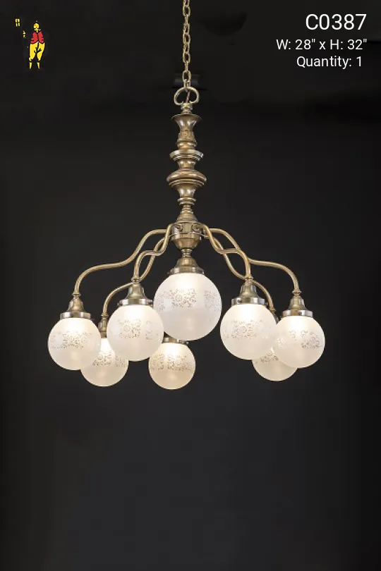 Curved Arm Chandelier w/Frosted Etched Glass Globes
