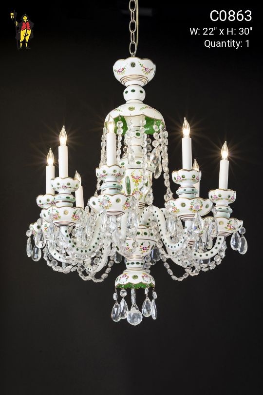 Old White/Green Overlay Glass Crystal Chandelier