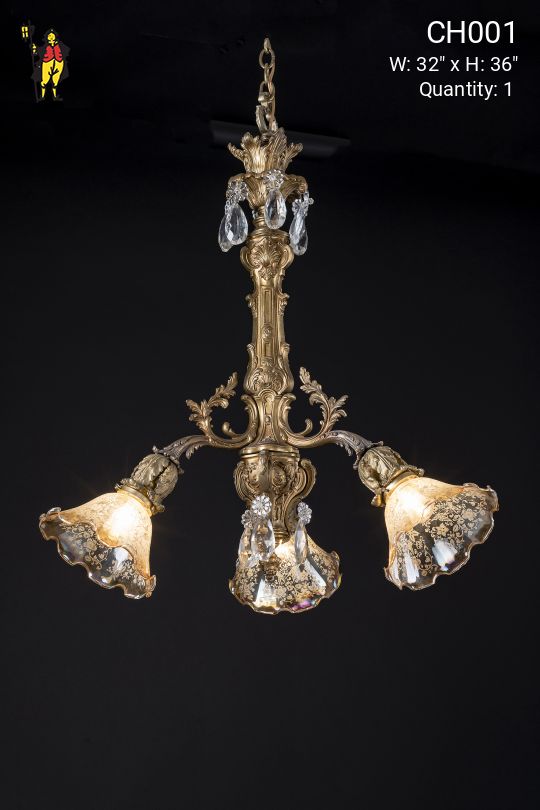Deco Three Light Brass Chandelier