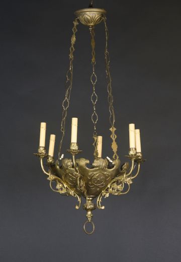 Six Light Gothic Brass Chandelier
