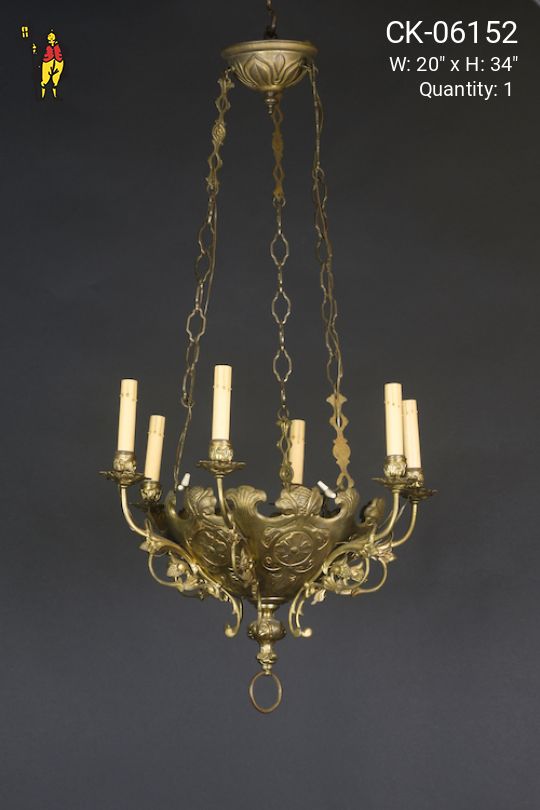 Six Light Gothic Brass Chandelier