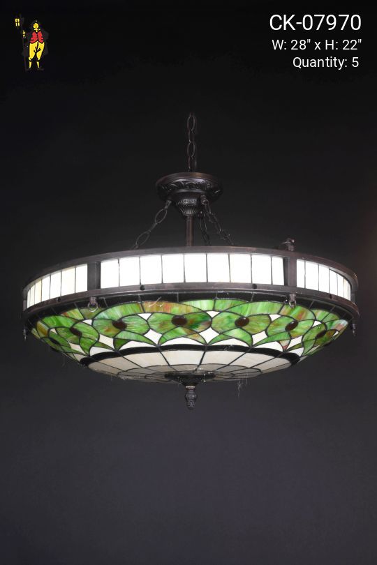 Green & White Art Glass Bowl Chandelier