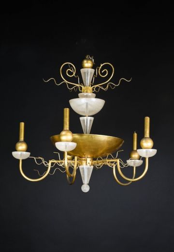 Five Light Post Modern Brass Chandelier