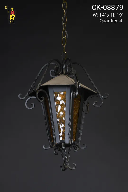 Wrought Iron & Amber Glass Hanging Lantern