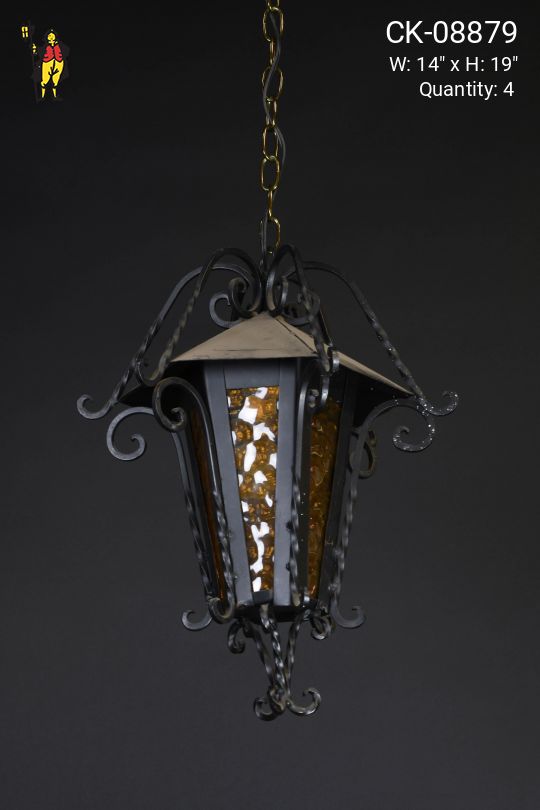 Wrought Iron & Amber Glass Hanging Lantern