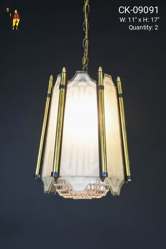 Deco Brass & Etched Glass Hanging Lantern