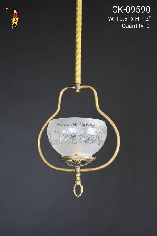 Brass Hanging Electrified Oil Light w/Etched Glass Shade