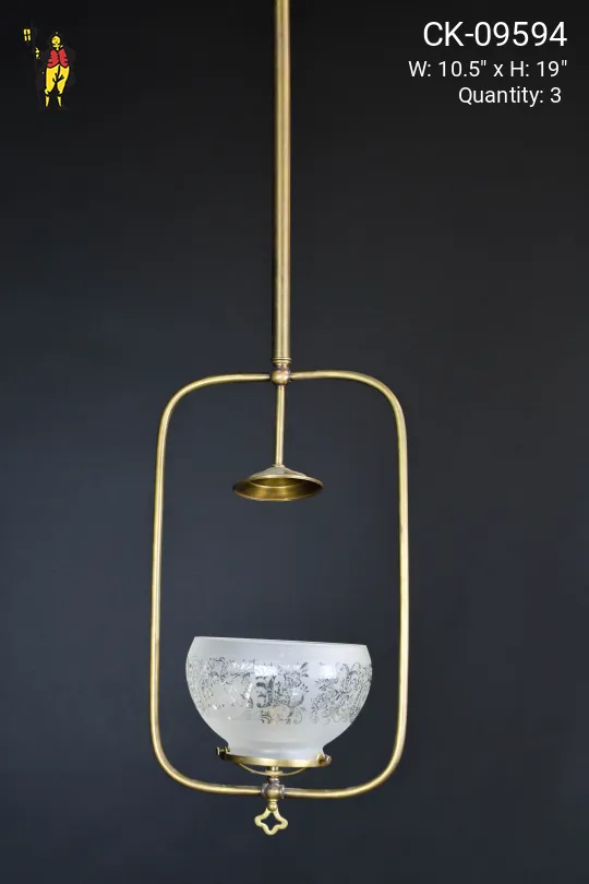 Square Brass Hanging Electrified Oil Light w/Etched Glass Shade