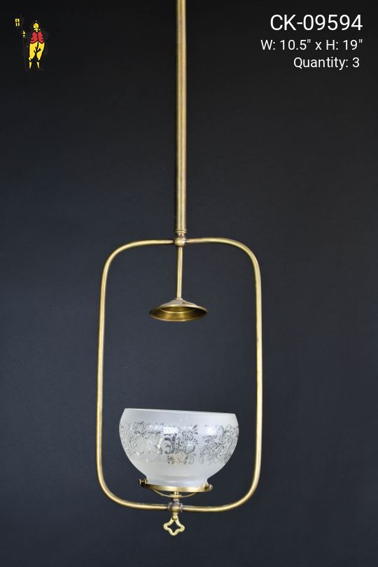 Square Brass Hanging Electrified Oil Light w/Etched Glass Shade