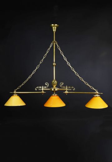 Three Light Brass & Amber Glass Pool Table Light