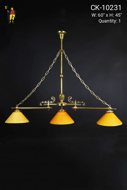 Three Light Brass & Amber Glass Pool Table Light