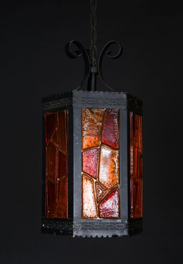 Gothic Wrough Iron Lantern w/Red Glass