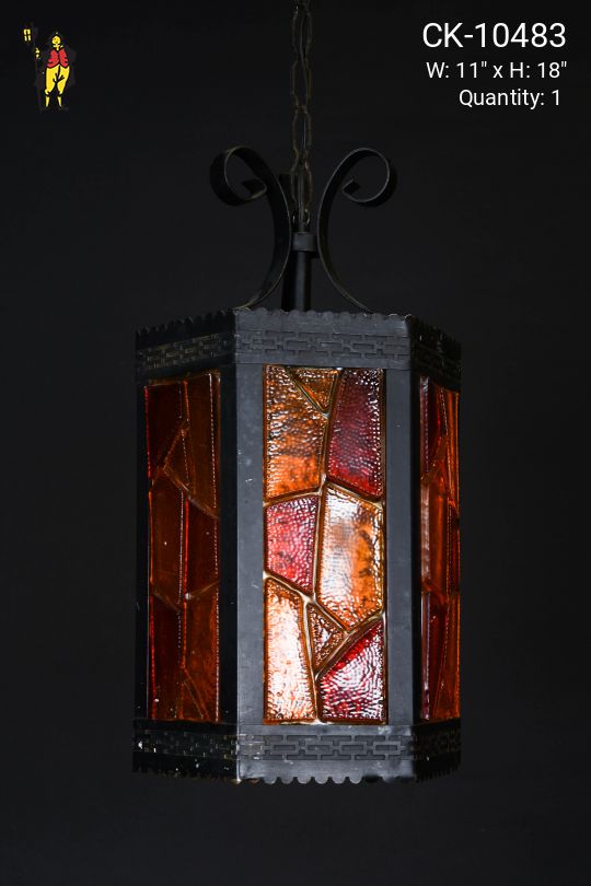 Gothic Wrough Iron Lantern w/Red Glass