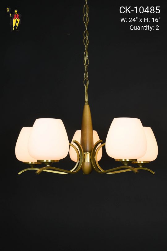 Mid Century Brass & Wood Chandelier