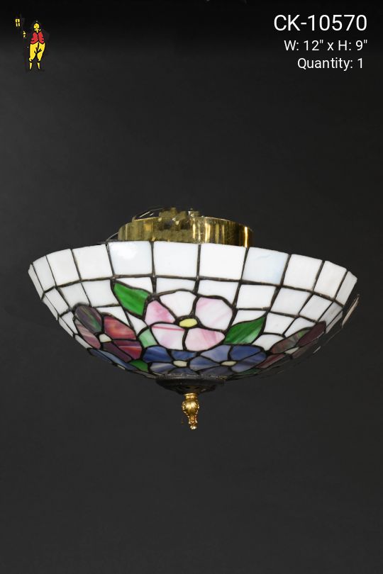 White Floral Art Glass Flushmount Fixture