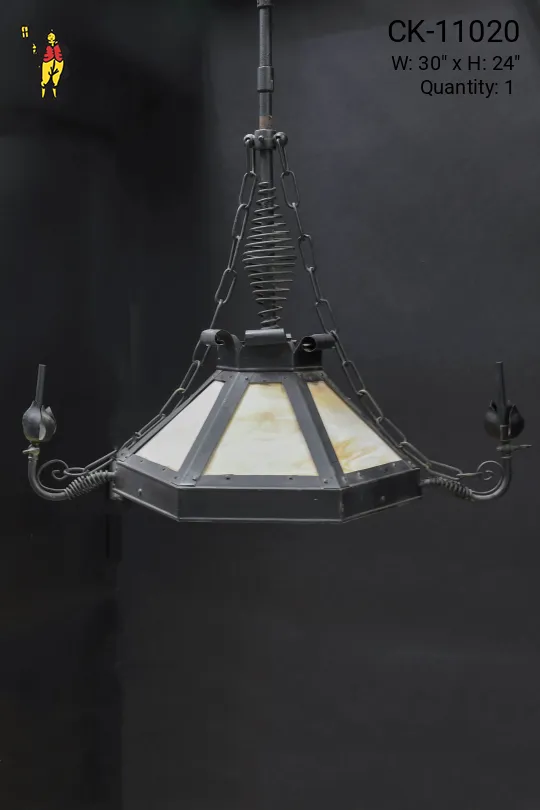 Wrought Iron & Art Glass Gothic Hanging Fixture
