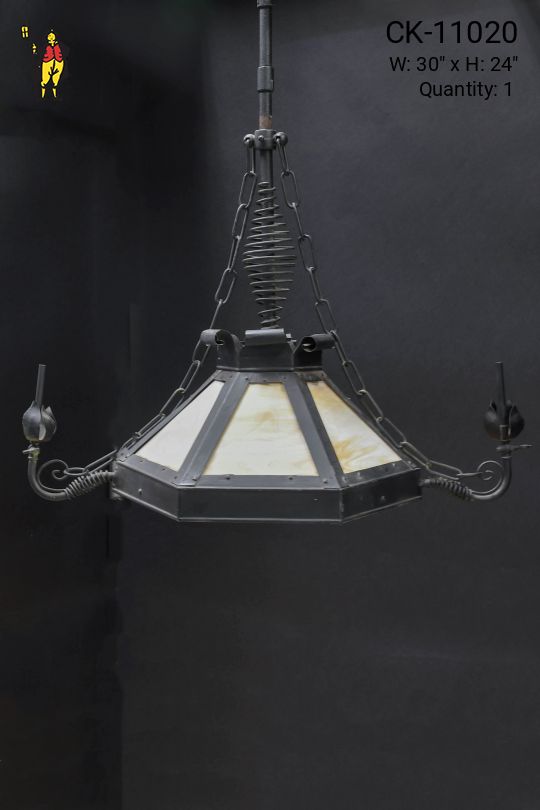 Wrought Iron & Art Glass Gothic Hanging Fixture