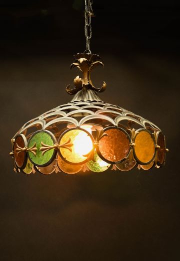 Wrought Iron & Multicolor Glass Hanging Pendant