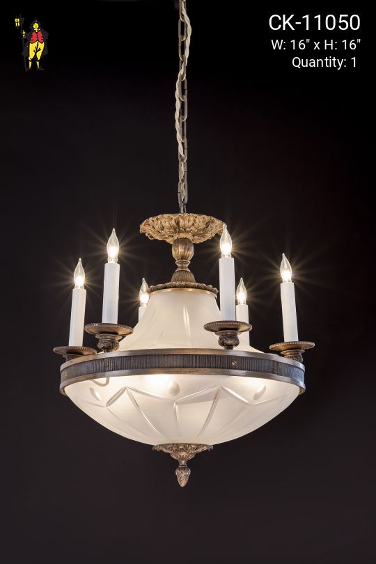 Six Candle Brass & Glass Municipal Hanging Fixture