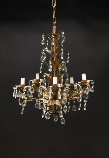 Wrought Iron Five Light Chandelier w/Crystal Drops