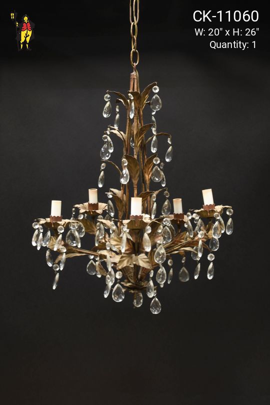 Wrought Iron Five Light Chandelier w/Crystal Drops