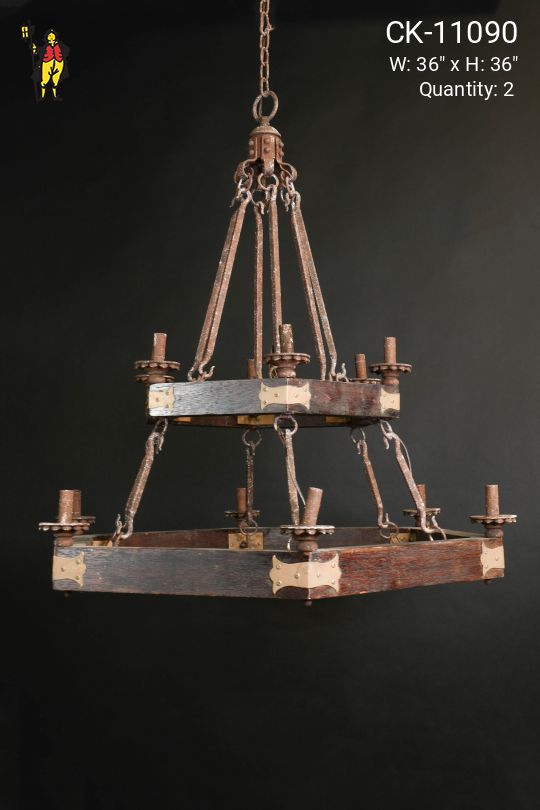 Twelve Light Two Tiered Wooden Chandelier