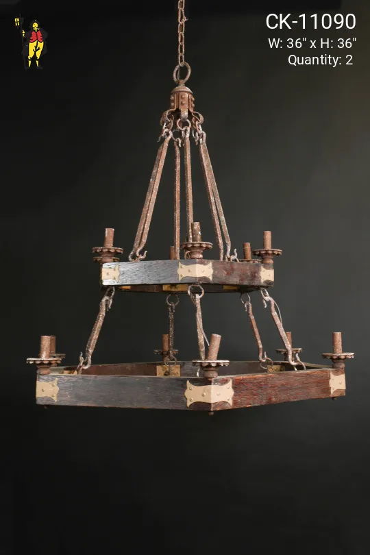Twelve Light Two Tiered Wooden Chandelier