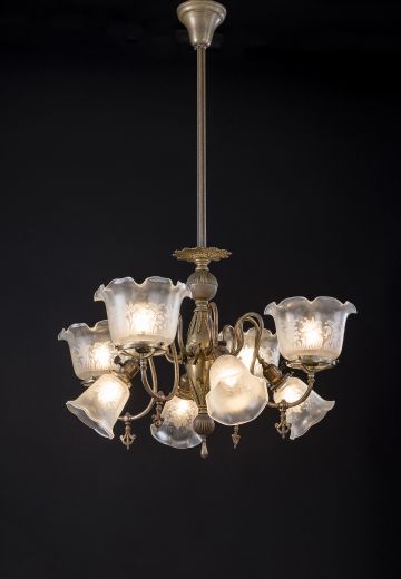 Victorian Chandelier With Frosted Etched Glass Shades