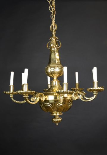 Eight Light Brass Deco Chandelier