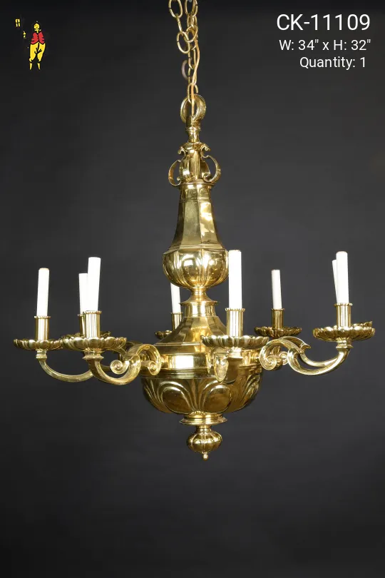 Eight Light Brass Deco Chandelier