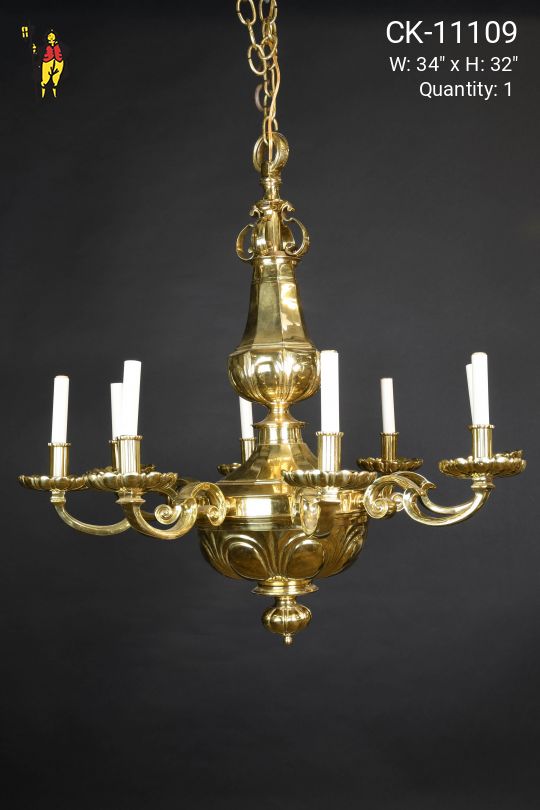 Eight Light Brass Deco Chandelier