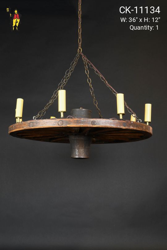 Eight Light Wooden Wagon Wheel Style Chandelier