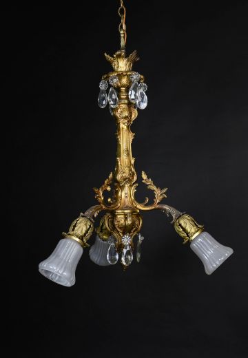 Art Deco Brass & Crystal Three Light Hanging Pendant