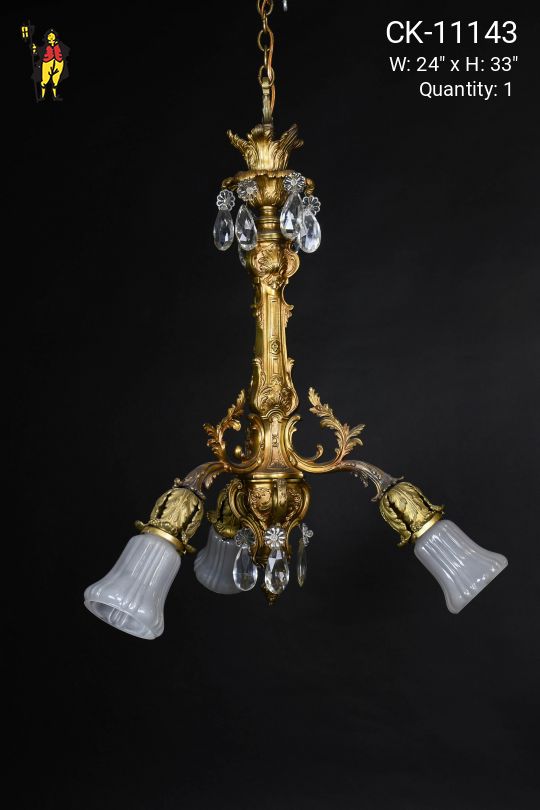 Art Deco Brass & Crystal Three Light Hanging Pendant
