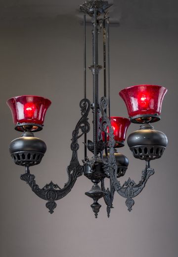 Three Light Oil Style Chandelier w/Ruby Glass Shades