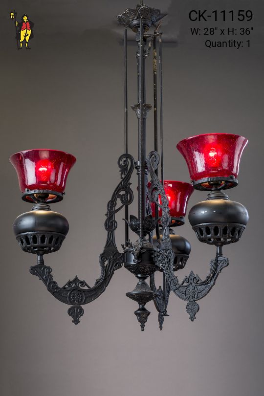 Three Light Oil Style Chandelier w/Ruby Glass Shades
