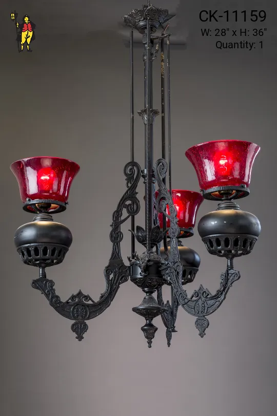 Three Light Oil Style Chandelier w/Ruby Glass Shades