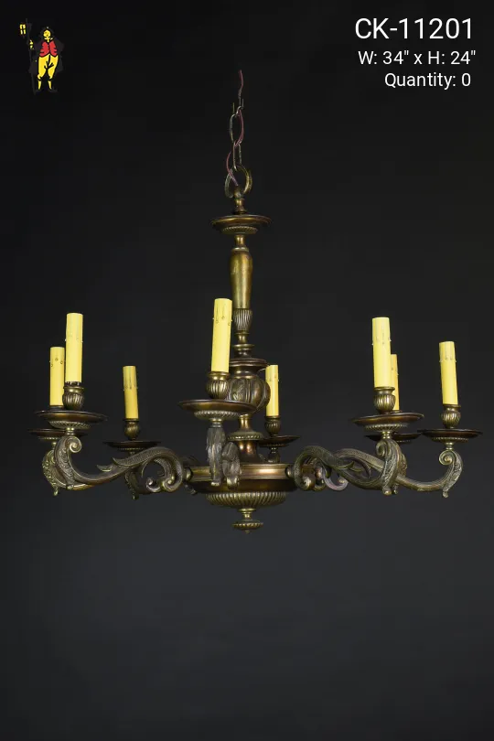 Antique Brass Eight Light Pre War Chandelier