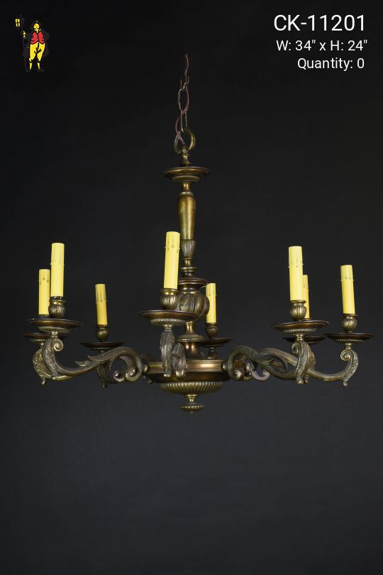 Antique Brass Eight Light Pre War Chandelier