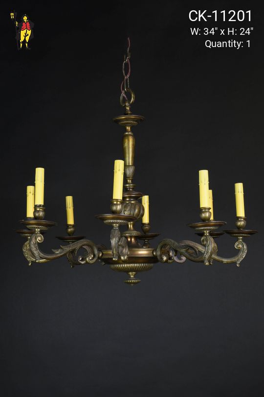 Antique Brass Eight Light Pre War Chandelier