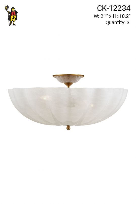21" Semi Flush Antique Brass & White Glass Flush Mount Fixture (L)