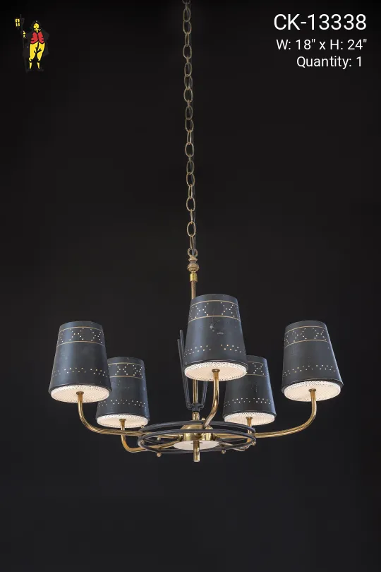 Five Light Brass & Black Chandelier