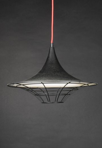 18" Black "Flying Saucer" RLM Pendant w/Black Cage & Red Wire