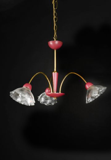 Three Light Glass Shaded Pink Chandelier