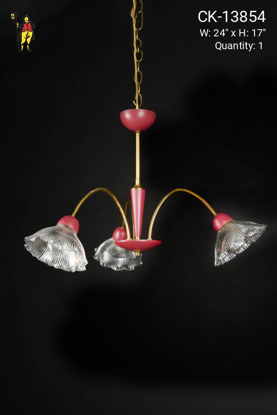 Three Light Glass Shaded Pink Chandelier