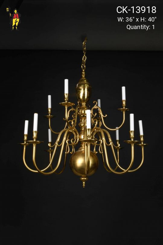 Twelve Light Two Tiered Polished Brass Chandelier