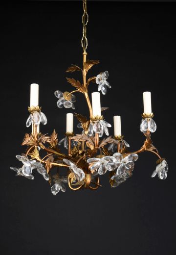 Six Light Brass & Crystal Floral Chandelier